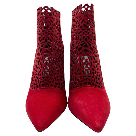 JIMMY CHOO Maurice 100mm Laser Cut Suede Ankle Boots EU 38.5 US 8.5 Red Stiletto - Picture 5 of 13